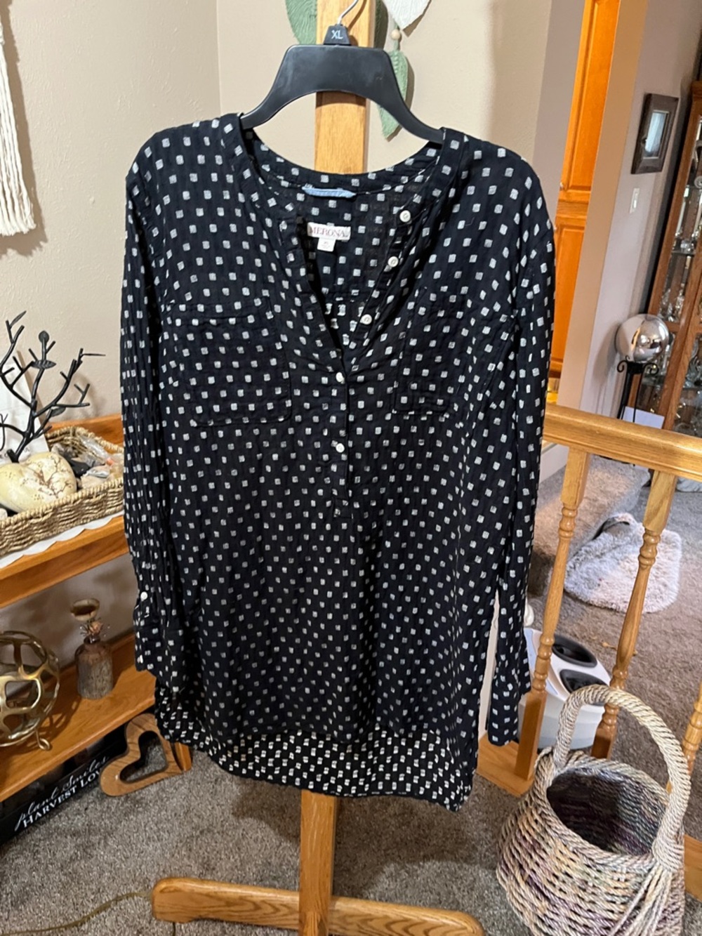 Merona Black Tunic with White Square Print